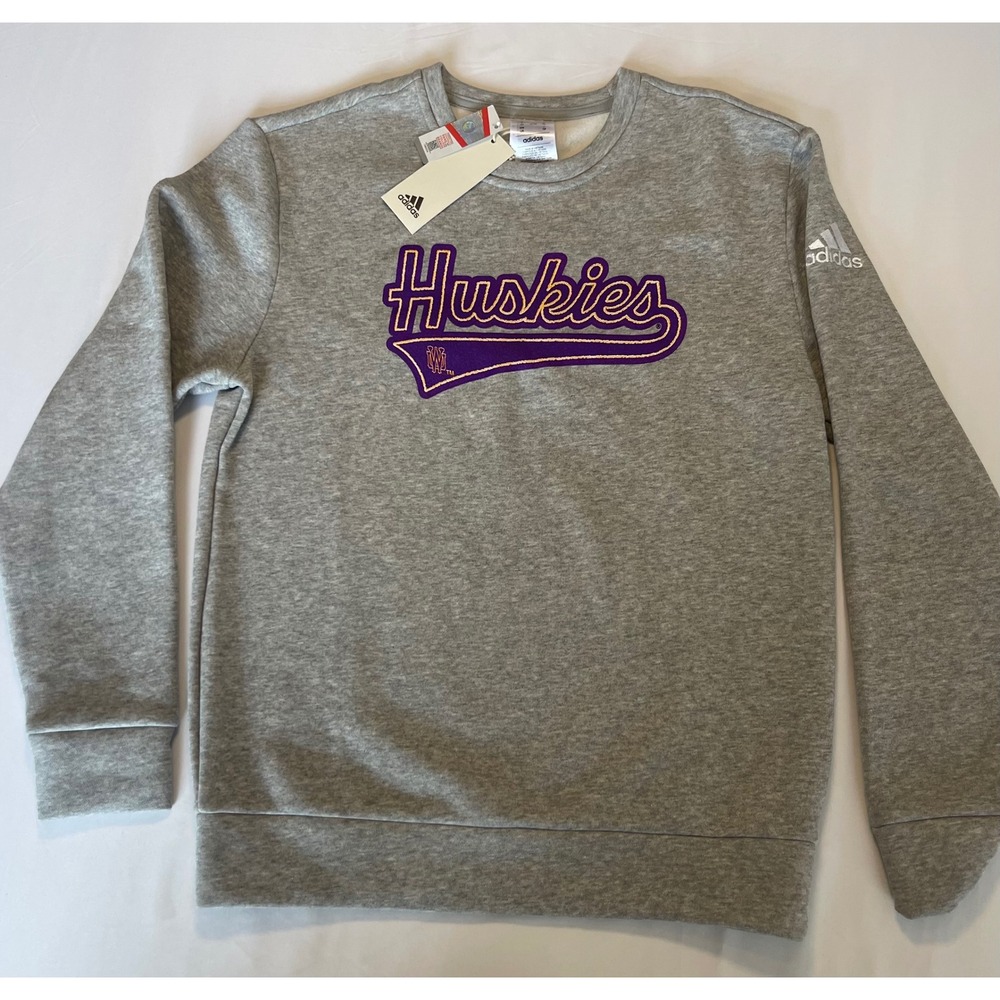 Adidas Washington Huskies Youth Fleece Crewneck Sweatshirt Grey Purple JE6942 L